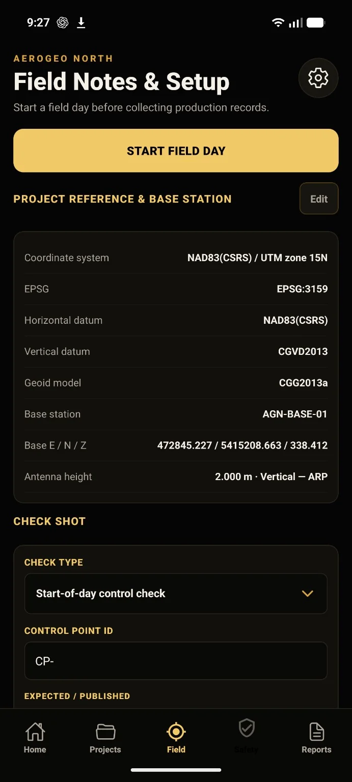 AeroGeo FieldBook field notes and survey setup screen in dark mode