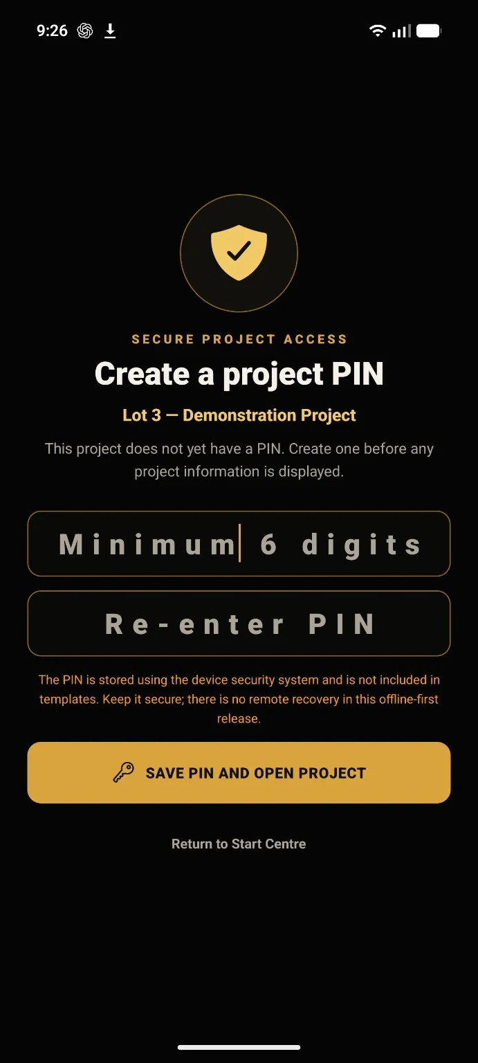 FieldBook project PIN creation screen