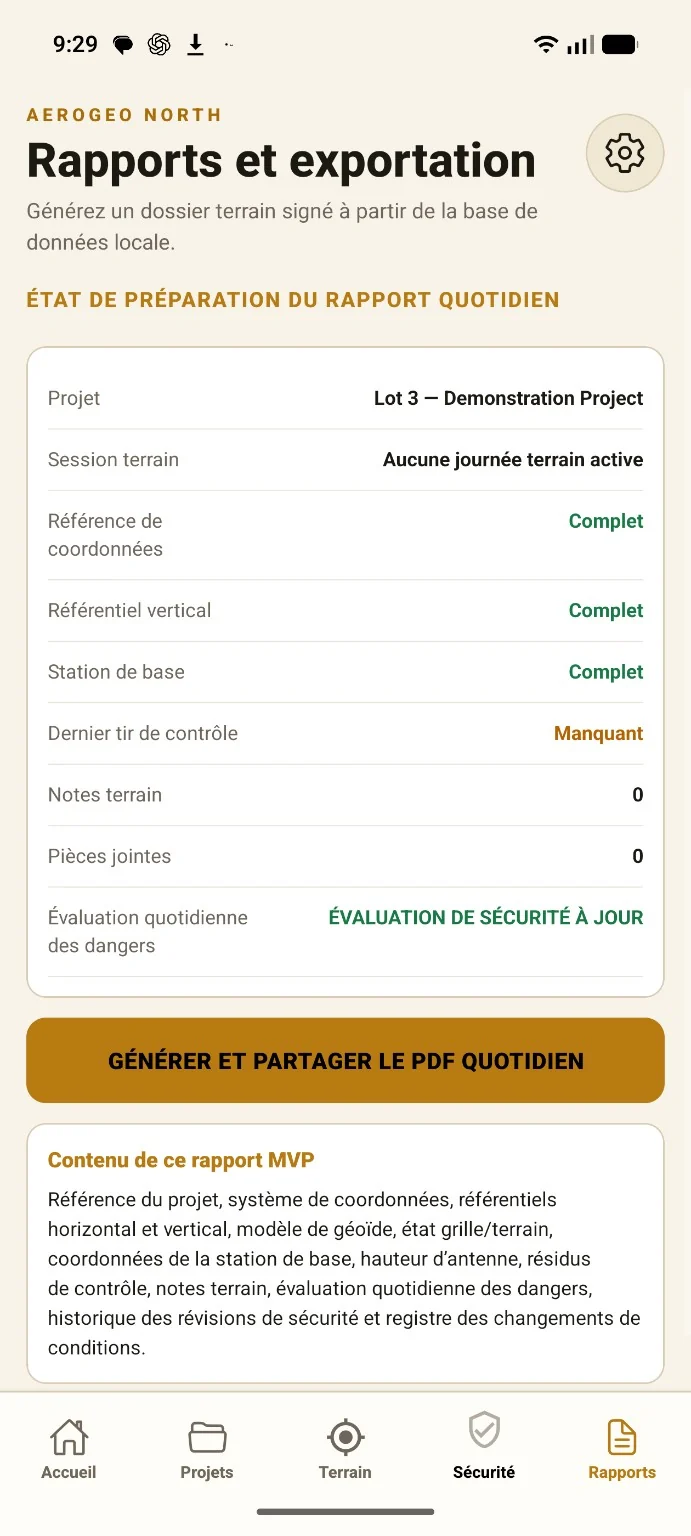 FieldBook reports screen in French light mode