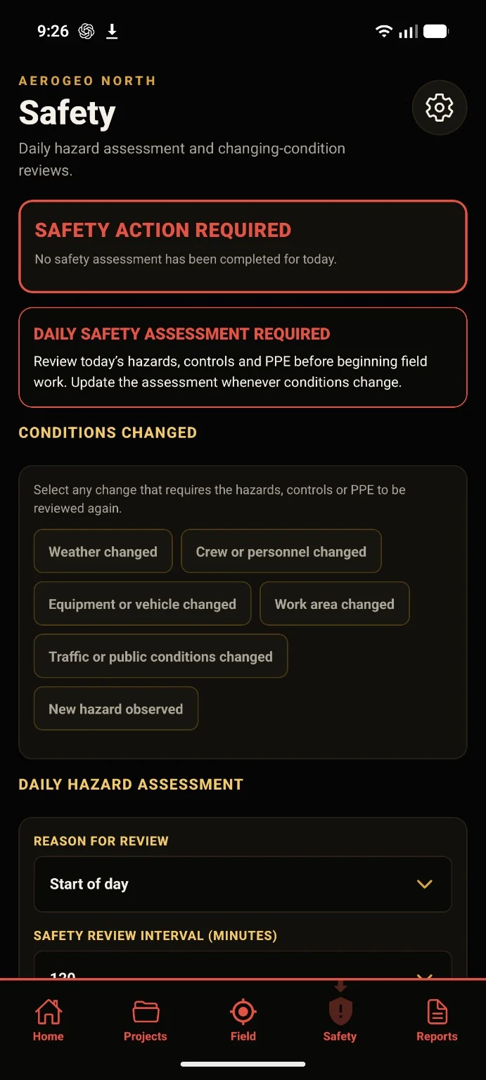 AeroGeo FieldBook daily safety assessment screen in dark mode