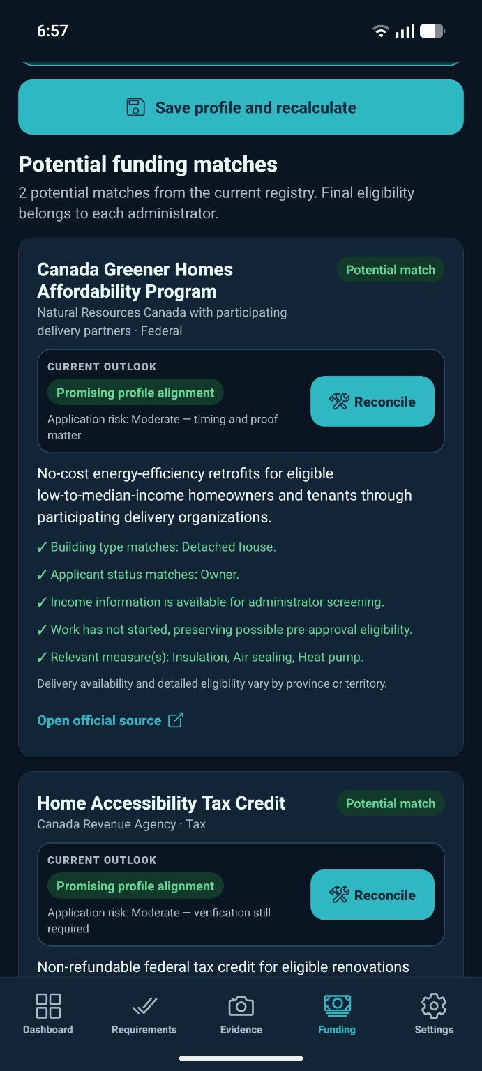 NorthStar potential funding matches in dark mode