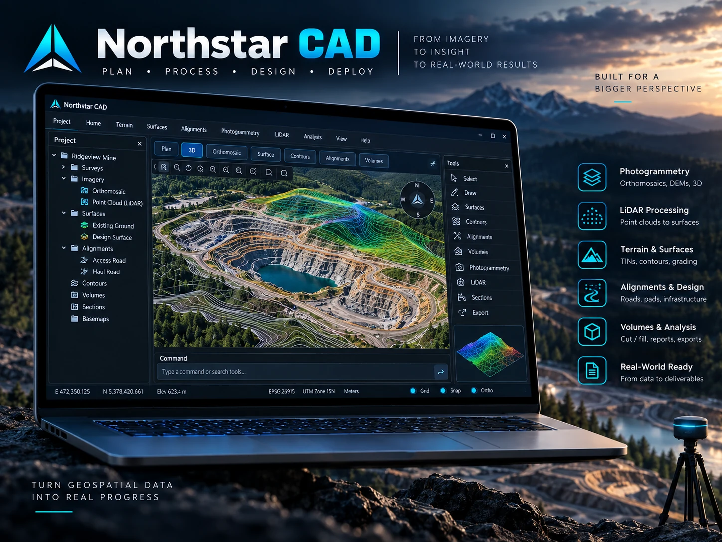 Northstar CAD desktop product visual showing terrain, surfaces, photogrammetry and analysis on Windows