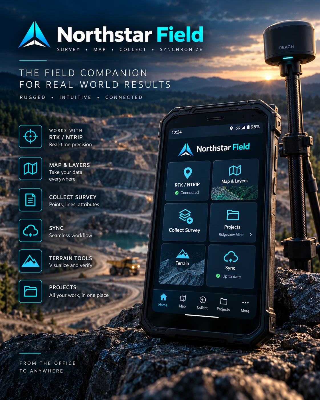 Northstar Field Android product visual showing rugged field workflow with RTK and map tools